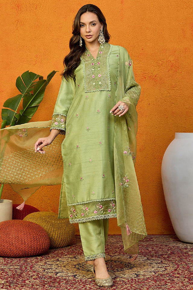 Green Silk Blend Solid Embroidered Straight Cut Suit Set