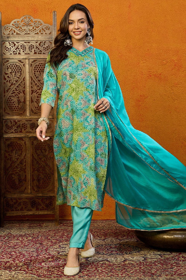 Blue Cotton Blend Bandhani Printed Straight Cut Suit Set
