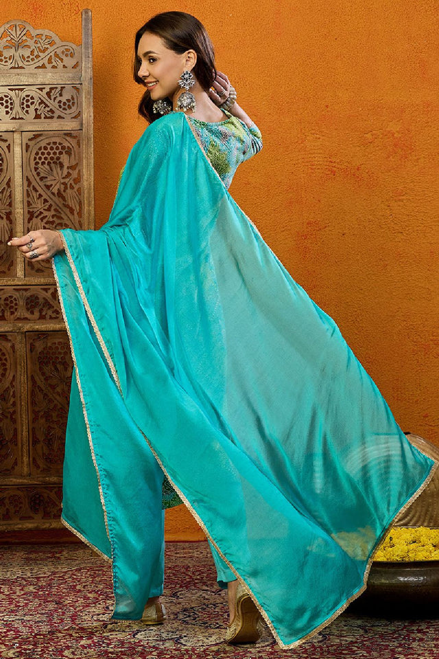 Blue Cotton Blend Bandhani Printed Straight Cut Suit Set