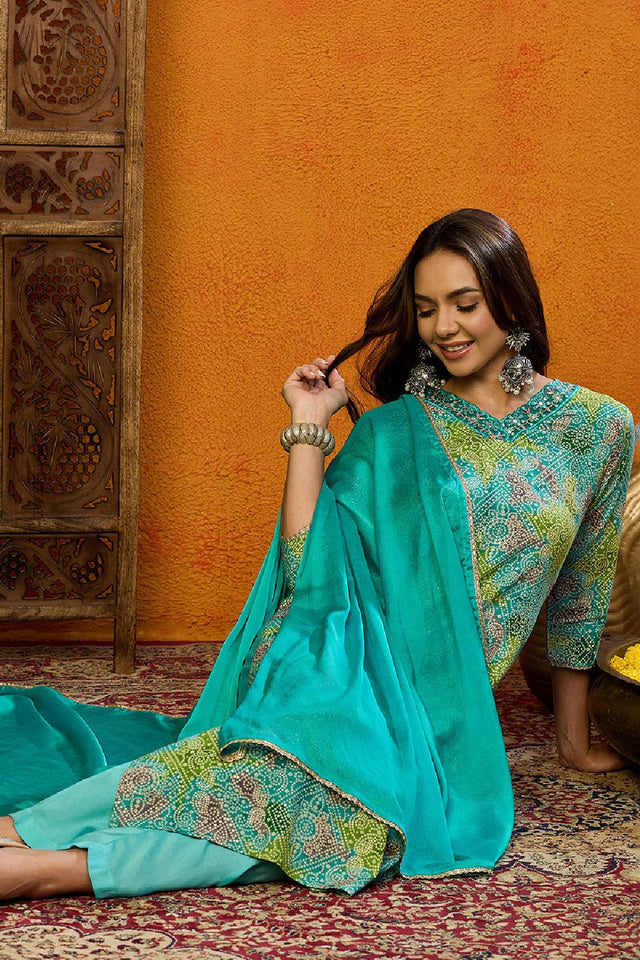 Blue Cotton Blend Bandhani Printed Straight Cut Suit Set