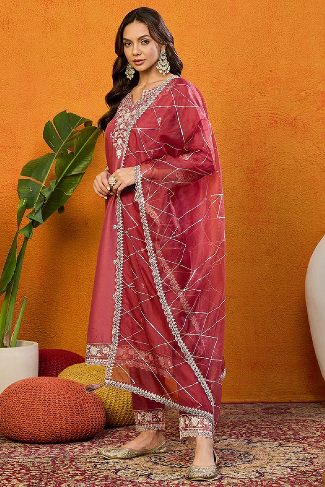 Rust Red Silk Blend Solid Embroidered Straight Cut Suit Set