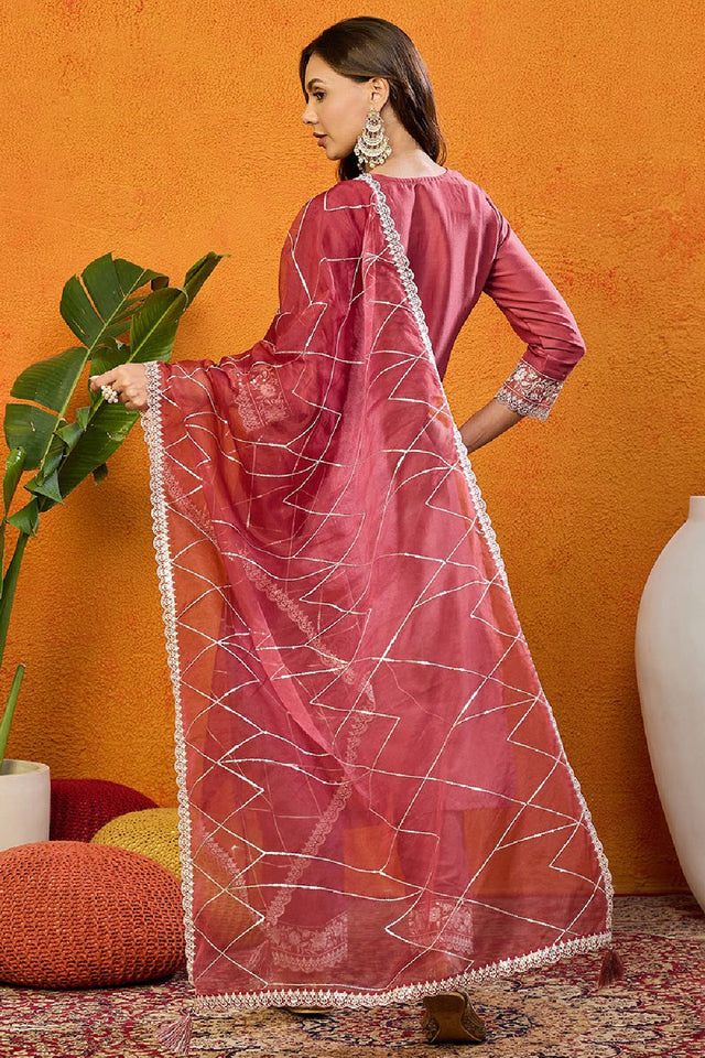 Rust Red Silk Blend Solid Embroidered Straight Cut Suit Set
