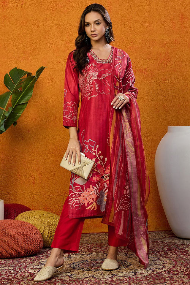 Red Silk Blend Floral Printed Straight Cut Suit Set
