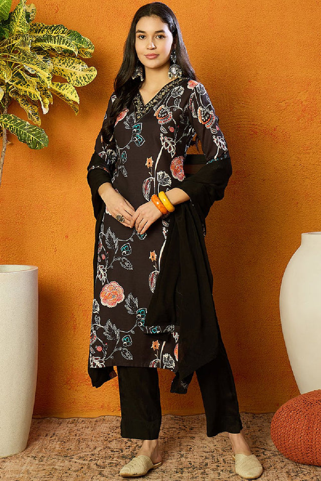 Black Cotton Blend Floral Printed Straight Cut Suit Set