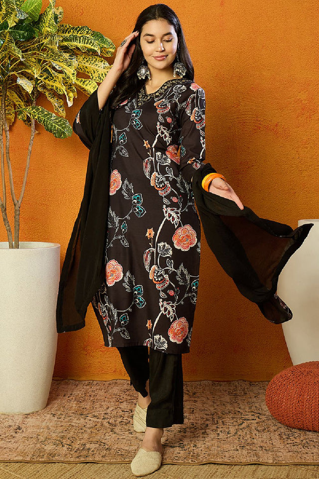 Black Cotton Blend Floral Printed Straight Cut Suit Set