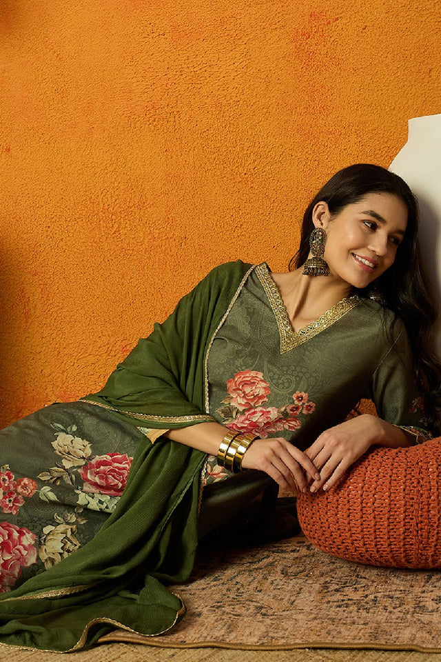 Olive Cotton Blend Floral Printed Straight Cut Suit Set