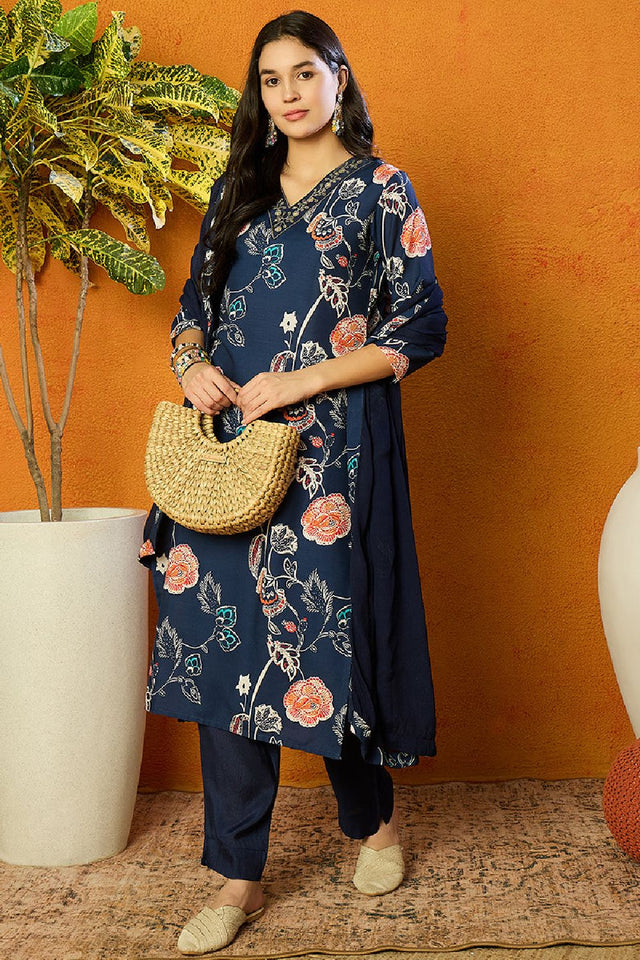 Blue Cotton Blend Floral Printed Straight Cut Suit Set