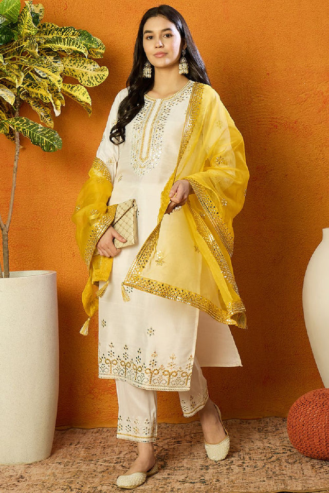 White Silk Blend Solid Embroidered Straight Cut Suit Set