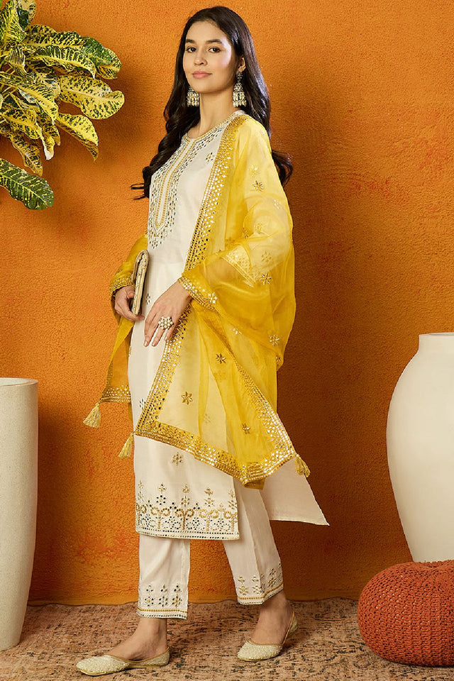 White Silk Blend Solid Embroidered Straight Cut Suit Set
