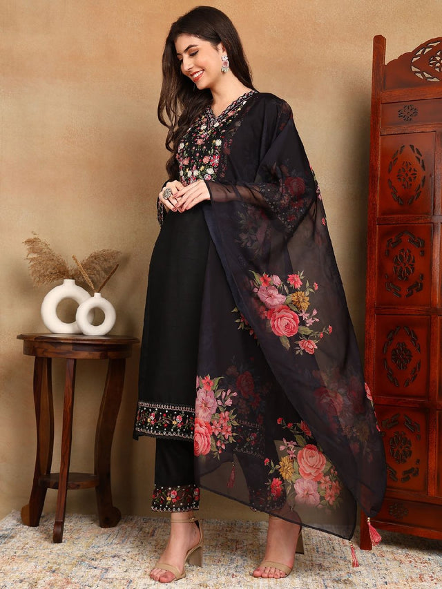 Black Silk Blend Solid Embroidered Straight Kurti Pant With Dupatta