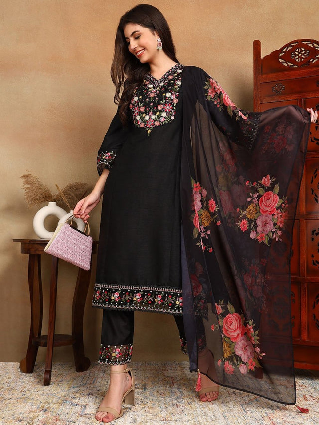 Black Silk Blend Solid Embroidered Straight Kurti Pant With Dupatta