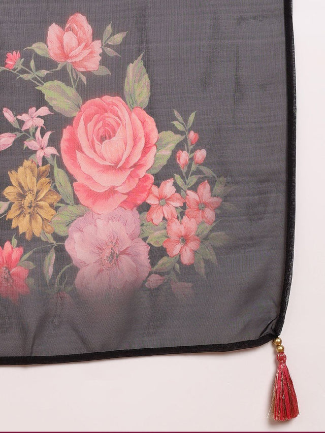 Black Silk Blend Solid Embroidered Straight Kurti Pant With Dupatta