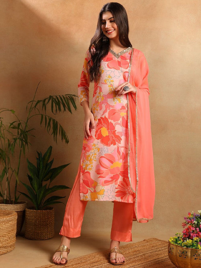 Peach Rayon Blend Floral Printed Straight Kurti Pants With Dupatta