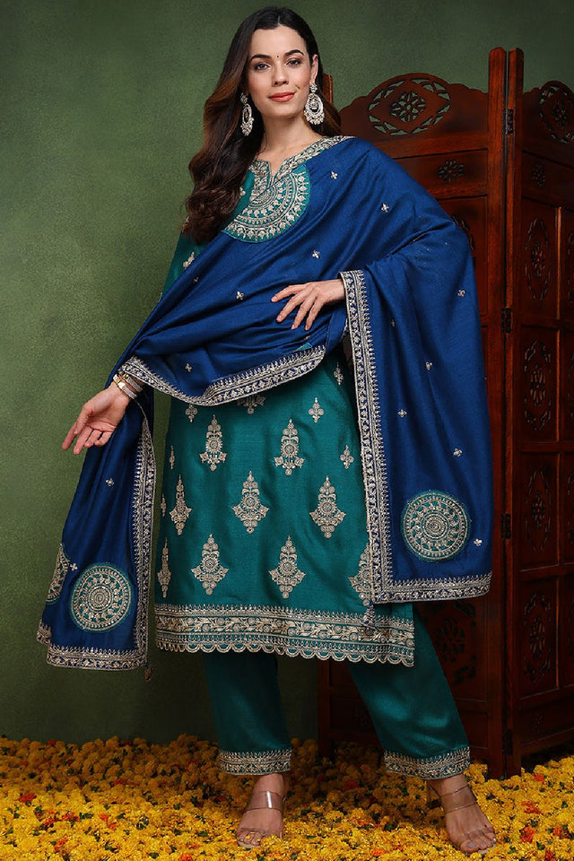 Green Silk Blend Solid Embroidered Straight Cut Suit Set