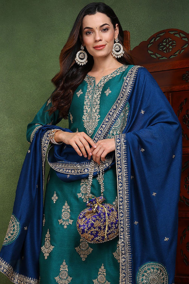 Green Silk Blend Solid Embroidered Straight Cut Suit Set
