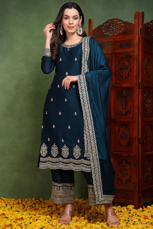 Dark Blue Silk Blend Solid Embroidered Straight Cut Suit Set