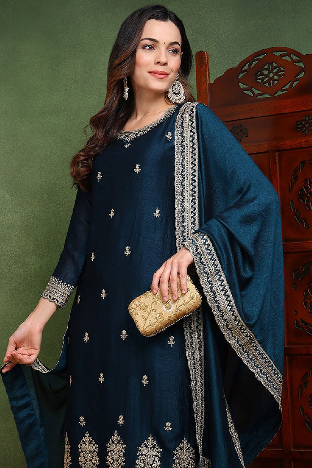 Dark Blue Silk Blend Solid Embroidered Straight Cut Suit Set
