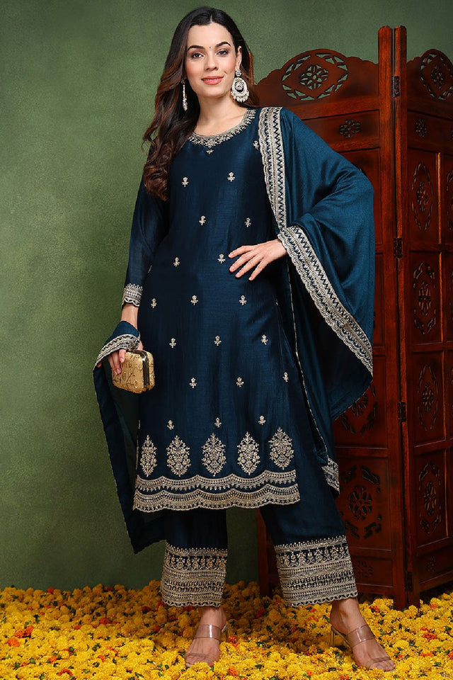 Dark Blue Silk Blend Solid Embroidered Straight Cut Suit Set