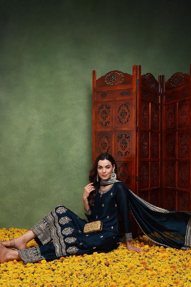 Dark Blue Silk Blend Solid Embroidered Straight Cut Suit Set