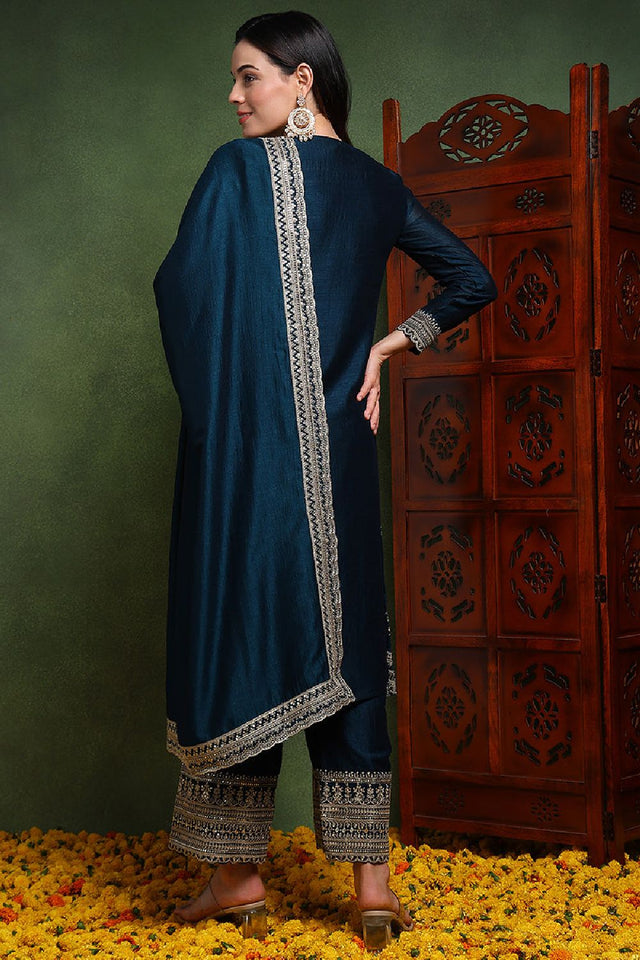 Dark Blue Silk Blend Solid Embroidered Straight Cut Suit Set