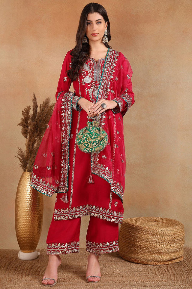 Red Silk Blend Solid Yoke Design Straight Palazzo Suit Set