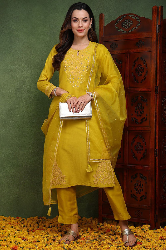 Mustard Yellow Silk Blend Solid Yoke Design Straight Cut Suit Set
