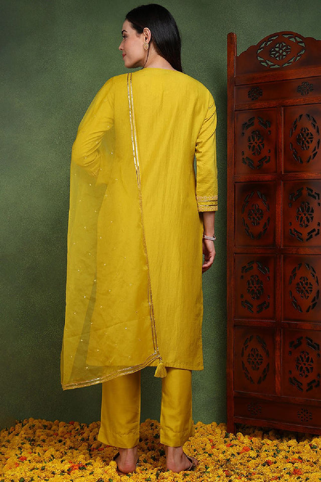 Mustard Yellow Silk Blend Solid Yoke Design Straight Cut Suit Set