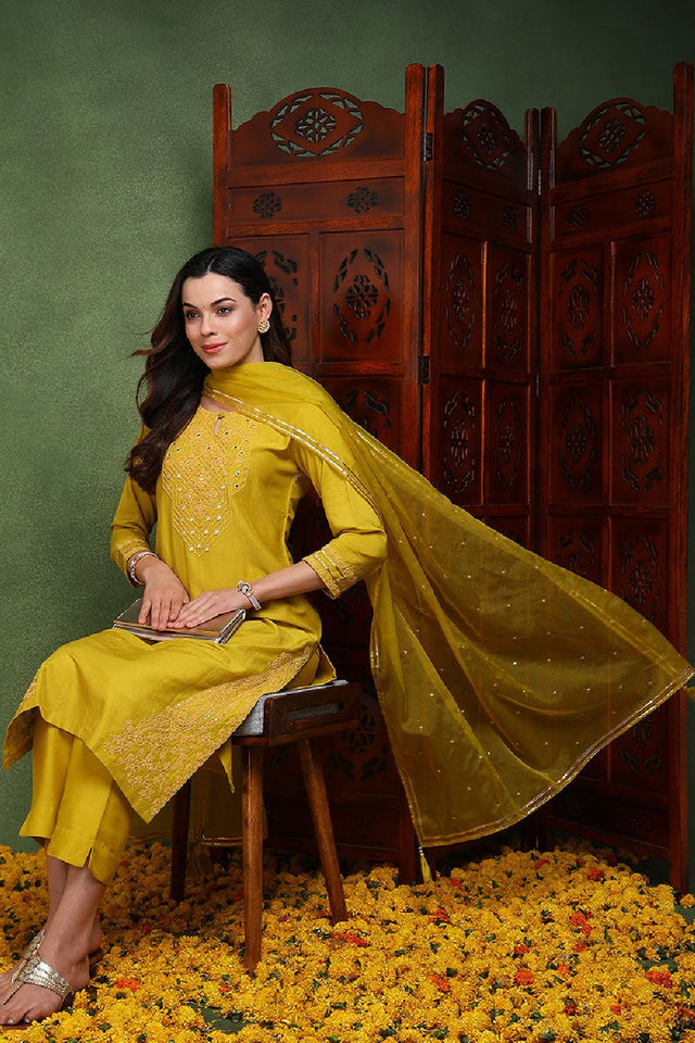 Mustard Yellow Silk Blend Solid Yoke Design Straight Cut Suit Set