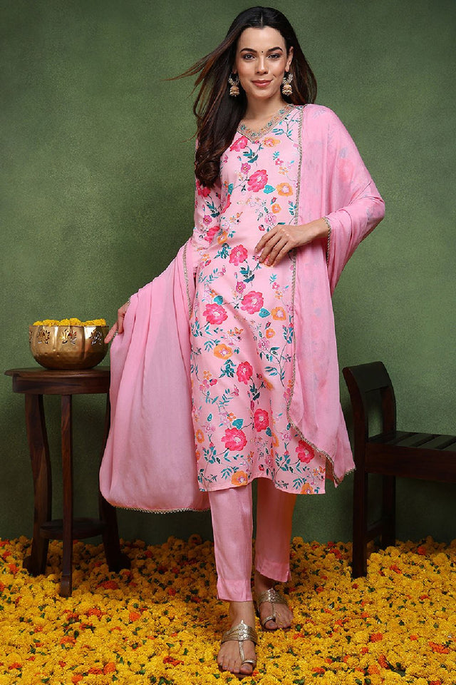 Pink Cotton Blend Floral Printed Straight Cut Suit Set