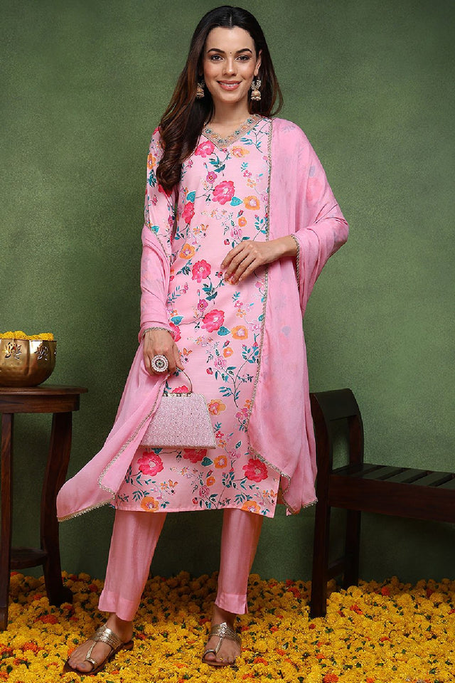 Pink Cotton Blend Floral Printed Straight Cut Suit Set