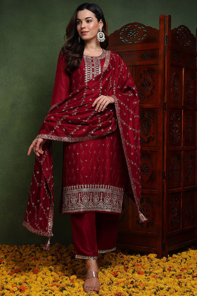 Maroon Silk Blend Solid Embroidered Straight Cut Suit Set