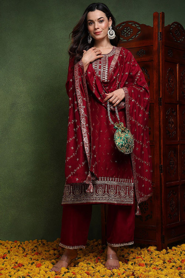 Maroon Silk Blend Solid Embroidered Straight Cut Suit Set