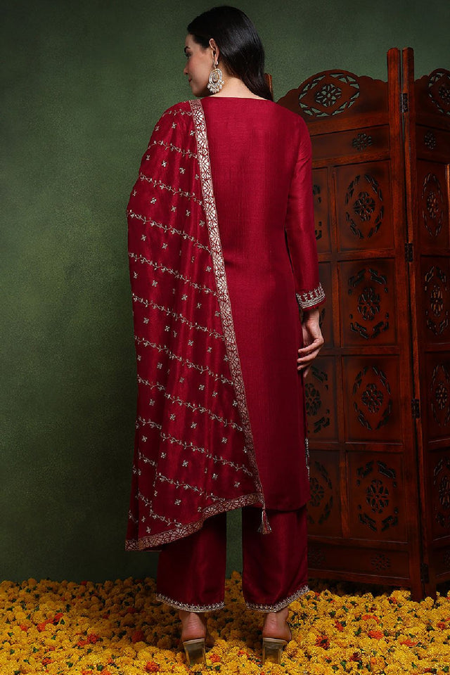 Maroon Silk Blend Solid Embroidered Straight Cut Suit Set