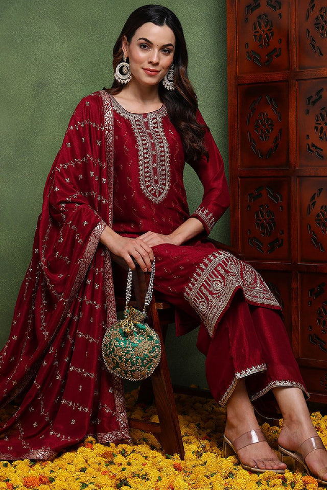 Maroon Silk Blend Solid Embroidered Straight Cut Suit Set