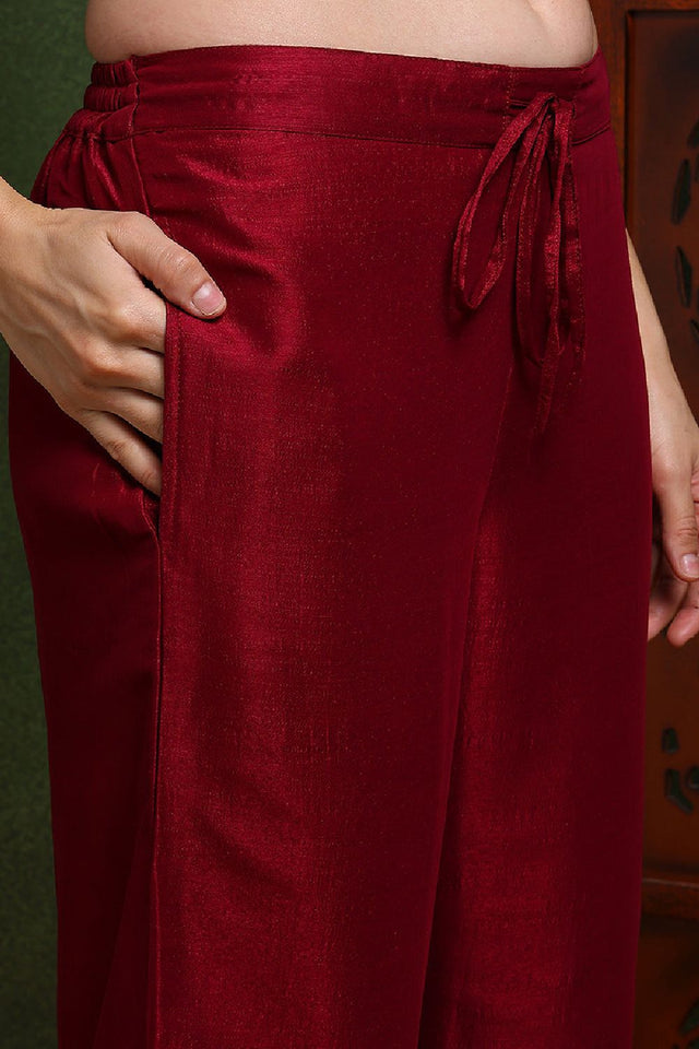 Maroon Silk Blend Solid Embroidered Straight Cut Suit Set