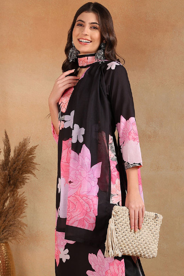 Black Cotton Blend Floral Printed Straight Cut Pant Suit Set