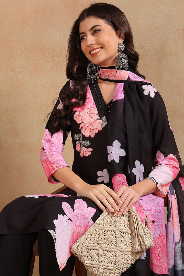 Black Cotton Blend Floral Printed Straight Cut Pant Suit Set