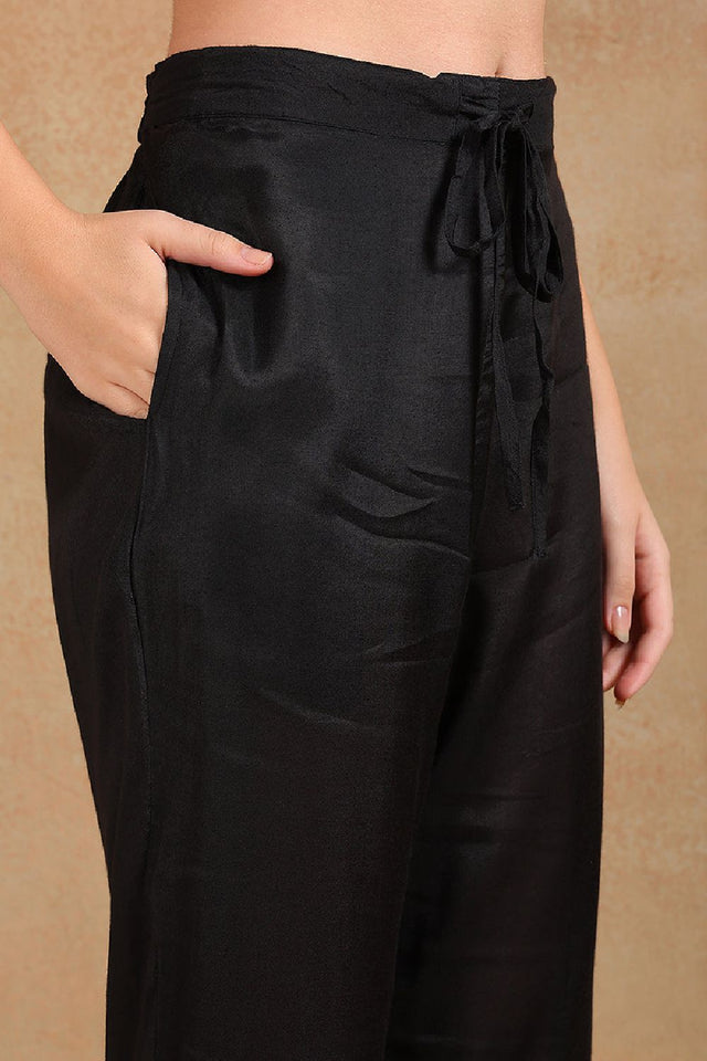 Black Cotton Blend Floral Printed Straight Cut Pant Suit Set