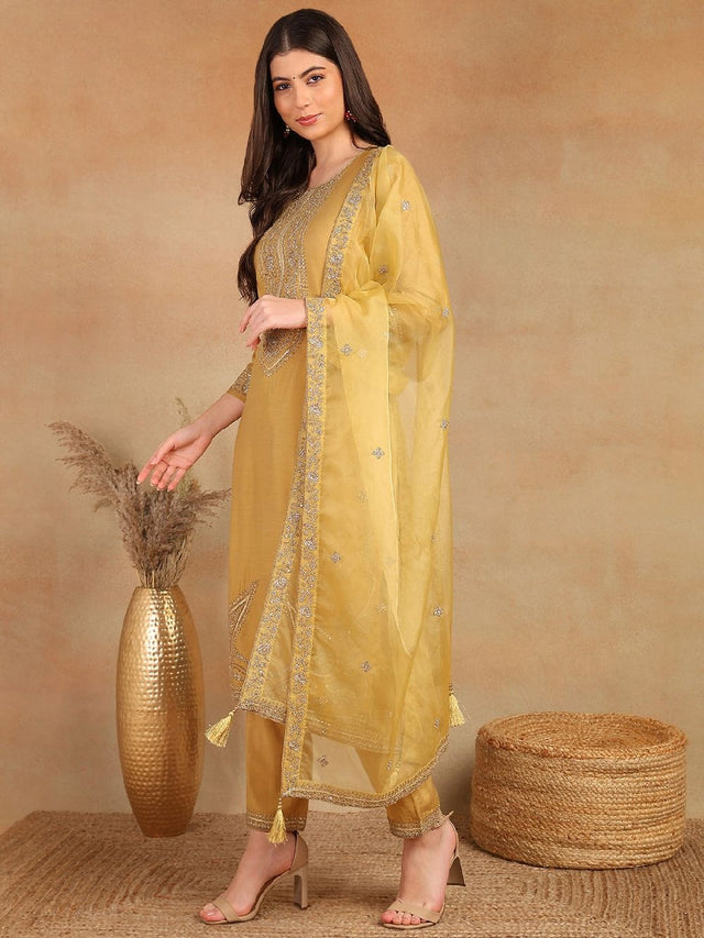 Gold Silk Blend Solid Embroidered Straight Kurti Pant With Dupatta