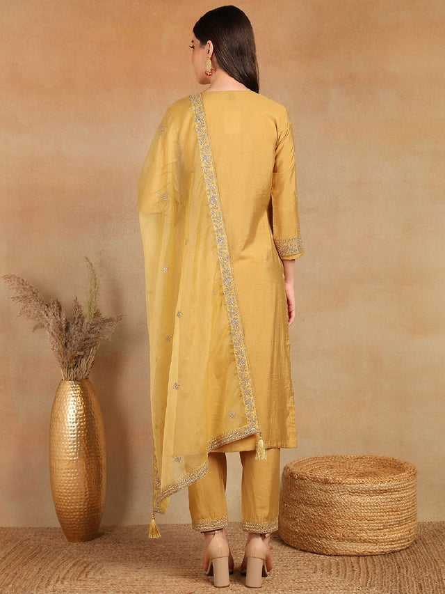 Gold Silk Blend Solid Embroidered Straight Kurti Pant With Dupatta