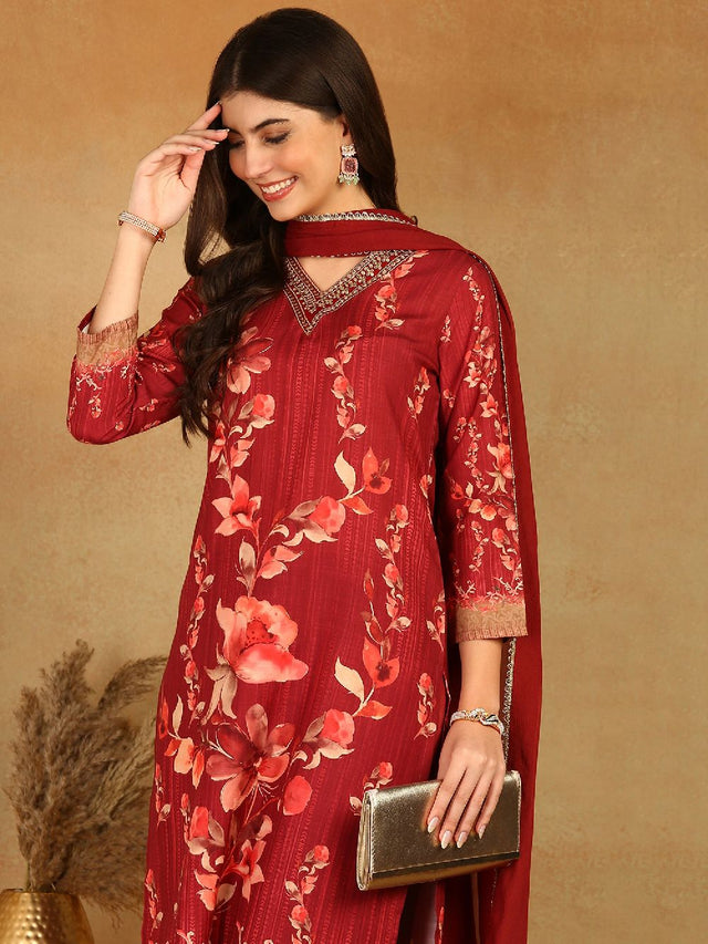 Maroon Rayon Blend Floral Printed Straight Kurti Pant With Dupatta