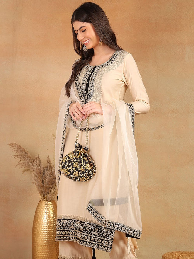 Cream Silk Blend Solid Embroidered Straight Kurti Pant With Dupatta