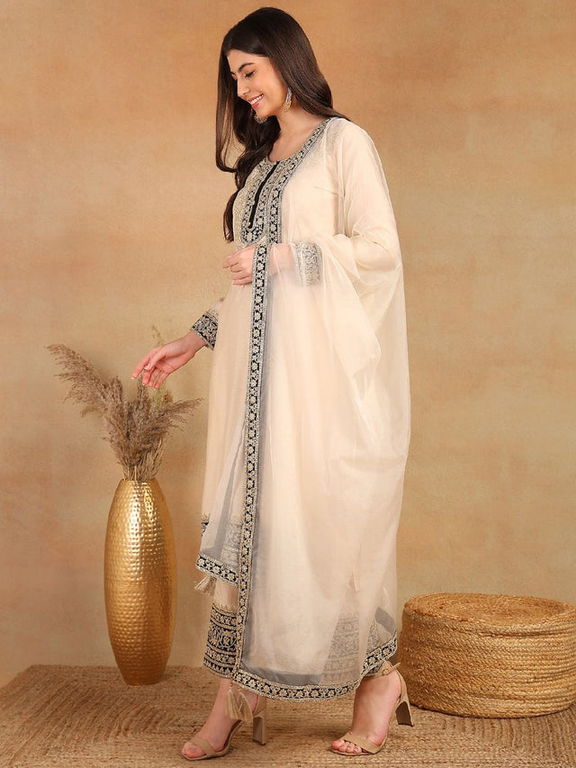 Cream Silk Blend Solid Embroidered Straight Kurti Pant With Dupatta