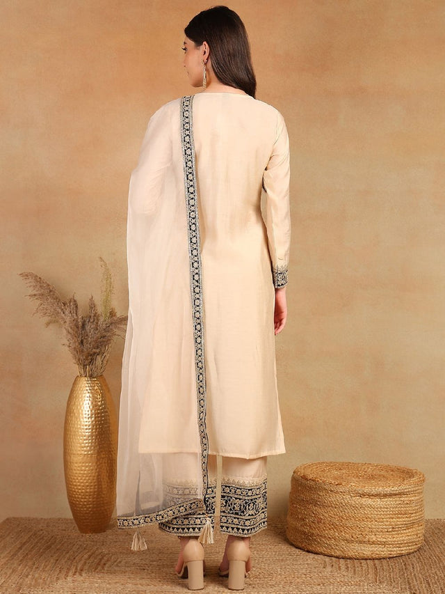 Cream Silk Blend Solid Embroidered Straight Kurti Pant With Dupatta