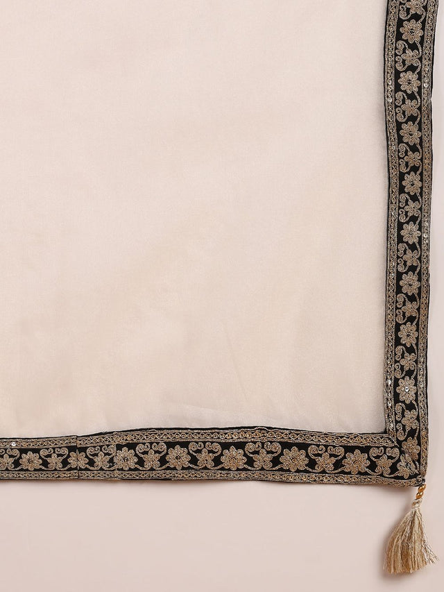 Cream Silk Blend Solid Embroidered Straight Kurti Pant With Dupatta