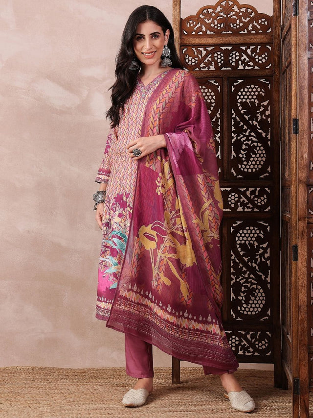 Multi Silk Blend Floral Printed Straight Kurti Pant With Dupatta