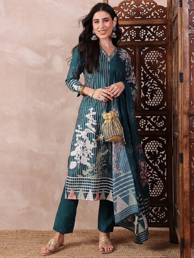 Teal Silk Blend Abstract Printed Straight Kurti Pant With Dupatta