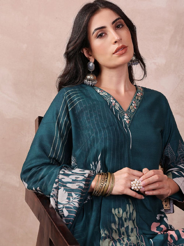 Teal Silk Blend Abstract Printed Straight Kurti Pant With Dupatta