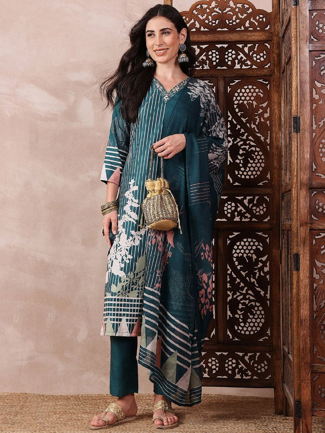 Teal Silk Blend Abstract Printed Straight Kurti Pant With Dupatta