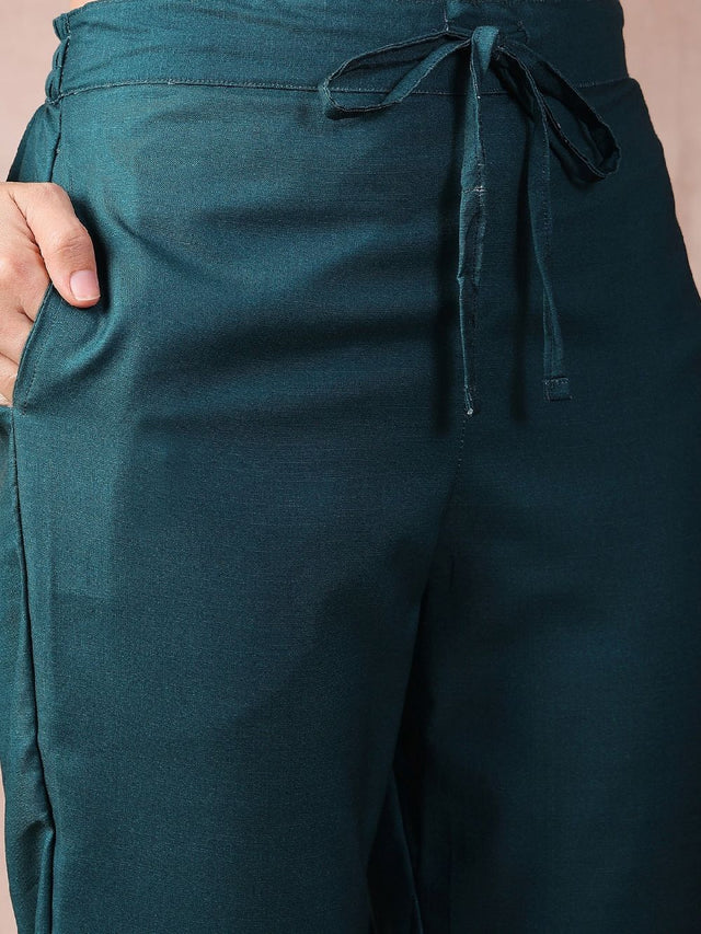 Teal Silk Blend Abstract Printed Straight Kurti Pant With Dupatta